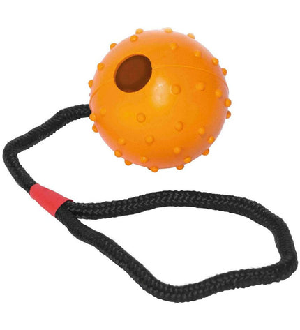 Gloria rubber dog chew toy with rope, 7 cm by 30 cm, designed for dogs to chew and play.
