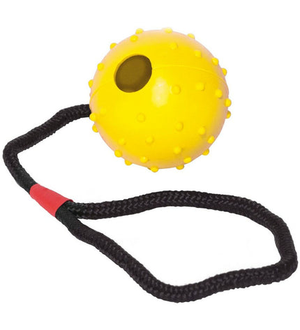 Rubber dog chew toy with rope, Gloria brand, 7 cm diameter, designed for dogs to chew and play, durable and safe.