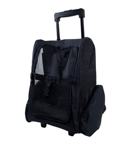 Black Gloria trolley pet backpack for dogs with wheels, 36x30x49 cm, featuring mesh panels and handle for easy transport.