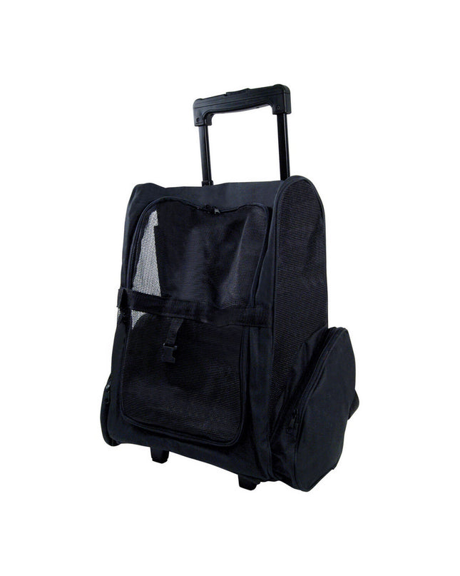 Black Gloria trolley pet backpack for dogs with wheels, 36x30x49 cm, featuring mesh panels and handle for easy transport.