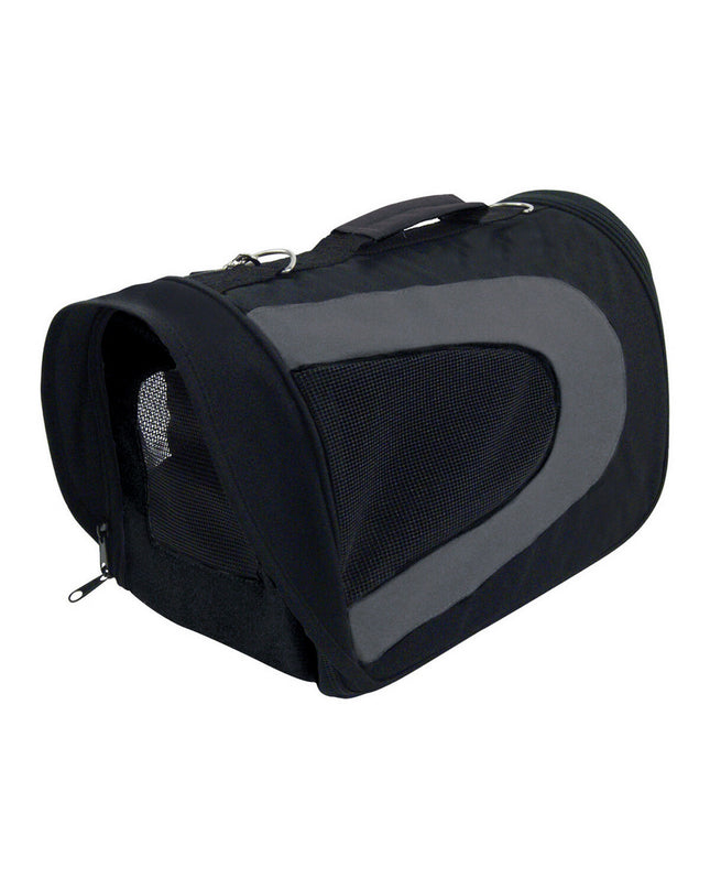 Black Gloria foldable dog carrier basket in size M, measuring 46x26x27 cm, designed for convenient pet transport.