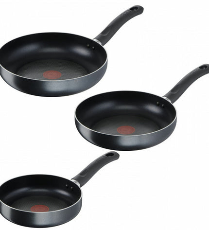 Tefal EASY COOK 3-piece cookware set with non-stick pans for home cooking, featuring black handles and stainless steel lids.