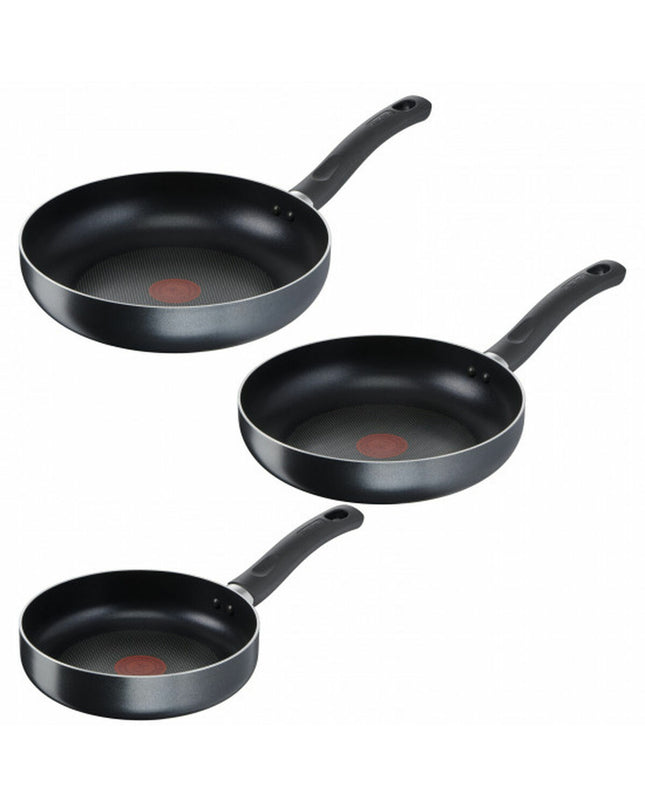 Tefal EASY COOK 3-piece cookware set with non-stick pans for home cooking, featuring black handles and stainless steel lids.