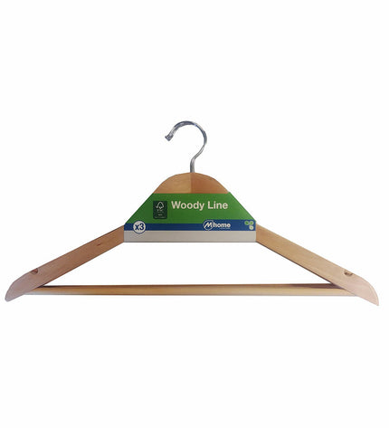 Natural wooden clothing hangers by Mondex, set of 3, eco-friendly, 43x22.5 cm for wardrobe organization and storage.