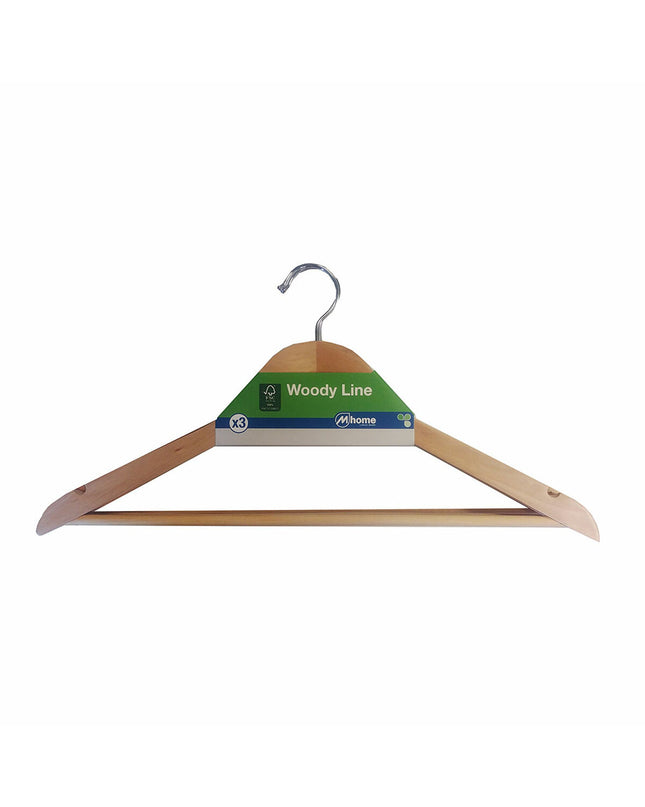 Natural wooden clothing hangers by Mondex, set of 3, eco-friendly, 43x22.5 cm for wardrobe organization and storage.