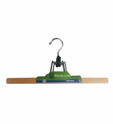 Set of three natural wood clothes hangers by Mondex, eco-friendly design, 35x16x2 cm for wardrobe organization and storage.