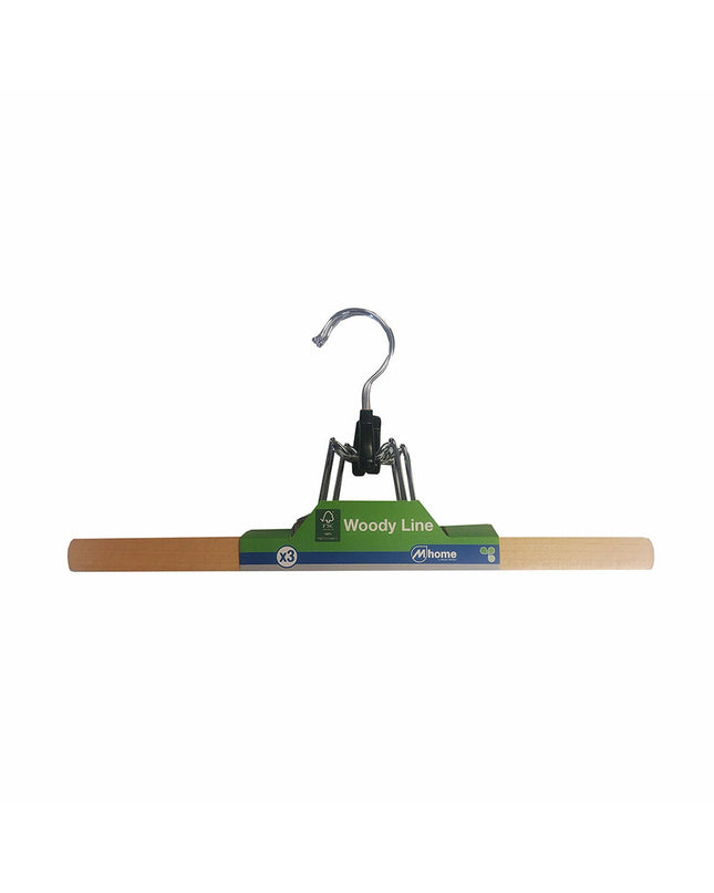 Set of three natural wood clothes hangers by Mondex, eco-friendly design, 35x16x2 cm for wardrobe organization and storage.