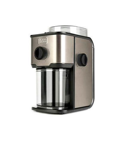 Black & Decker Koffiemolen BXCG151E coffee grinder with black body and stainless steel grinding mechanism on a kitchen countertop