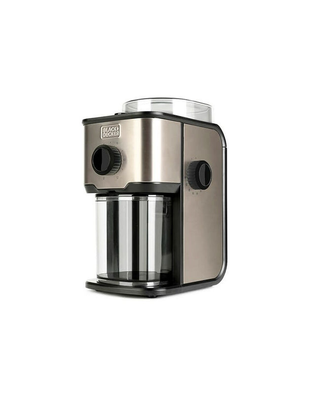 Black & Decker Koffiemolen BXCG151E coffee grinder with black body and stainless steel grinding mechanism on a kitchen countertop