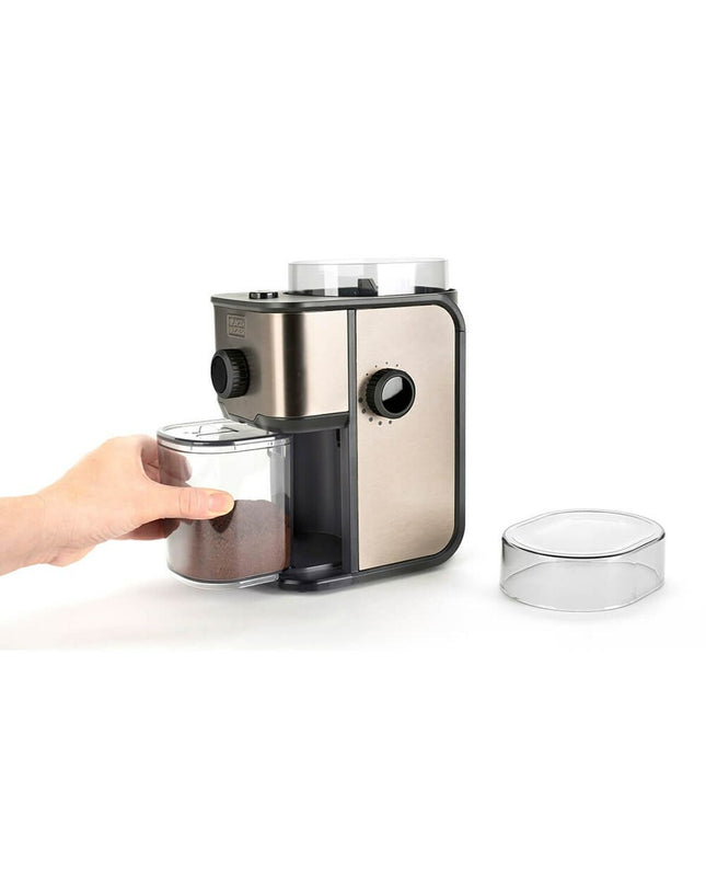 Black & Decker BXCG151E coffee grinder in black, showing the compact appliance with a transparent lid and control buttons.