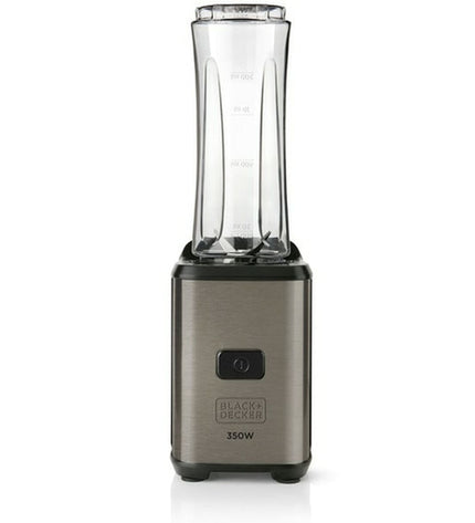 Black & Decker black and gray 300W mixer with transparent container, 600ml capacity, for home cooking and small kitchen appliances.