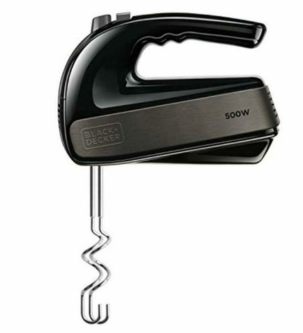 Black & Decker BXMX500E 500W blender and dough mixer, compact black kitchen appliance with blending and mixing attachments.