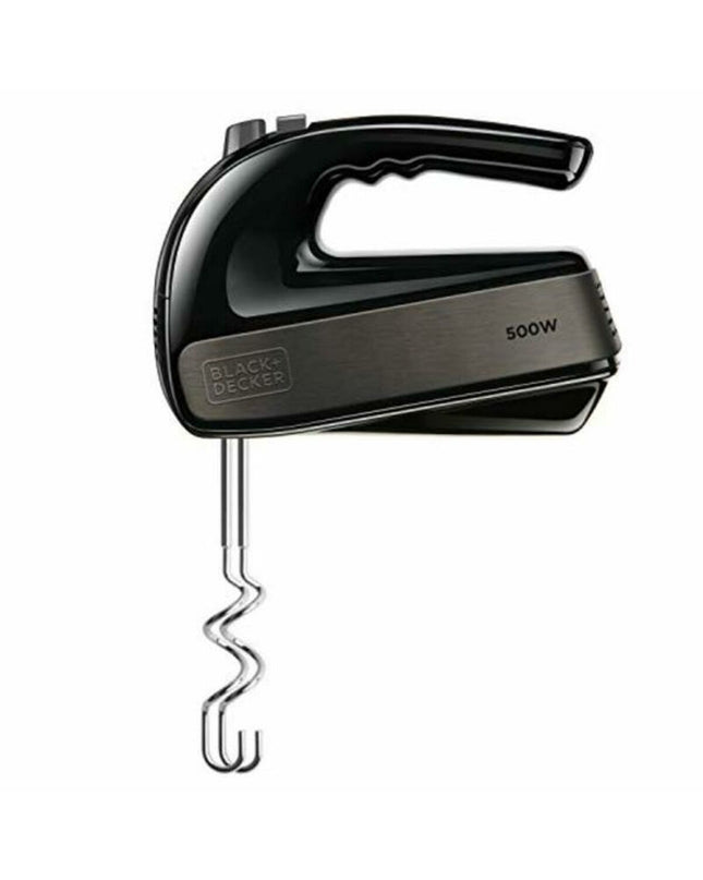 Black & Decker BXMX500E 500W blender and dough mixer, compact black kitchen appliance with blending and mixing attachments.