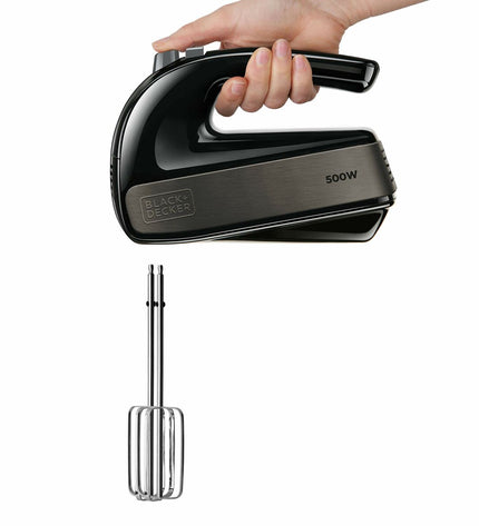 Black & Decker BXMX500E 500W blender and dough mixer on kitchen countertop, black plastic body with control dial and mixing attachments.