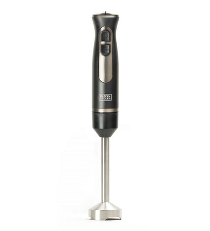 Black & Decker BXHBA800E black hand blender with 800W motor, shown with blending shaft and control buttons.