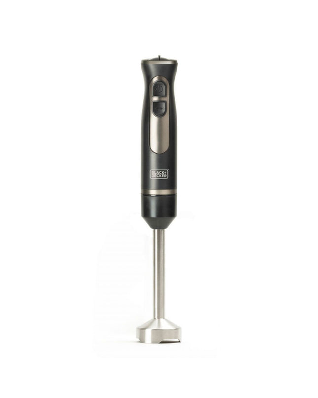 Black & Decker BXHBA800E black hand blender with 800W motor, shown with blending shaft and control buttons.