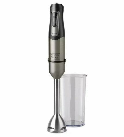 Black & Decker BXHB1200E hand blender with black handle and stainless steel blending shaft, suitable for kitchen and cooking tasks.