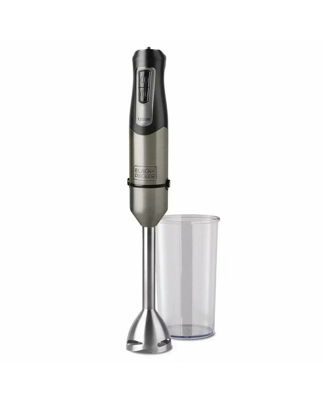Black & Decker BXHB1200E hand blender with black handle and stainless steel blending shaft, suitable for kitchen and cooking tasks.