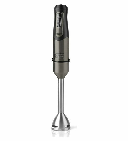 Black & Decker hand blender in black with stainless steel blending shaft and control buttons, suitable for kitchen and home cooking tasks.