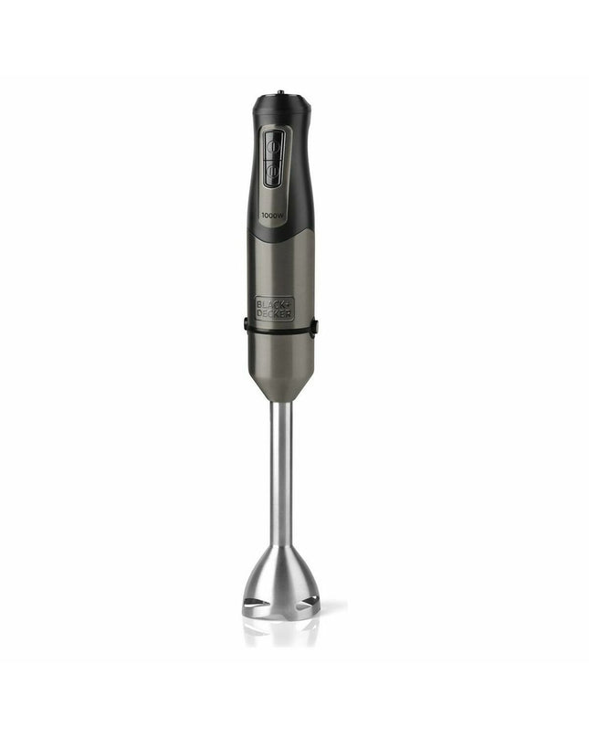 Black & Decker hand blender in black with stainless steel blending shaft and control buttons, suitable for kitchen and home cooking tasks.