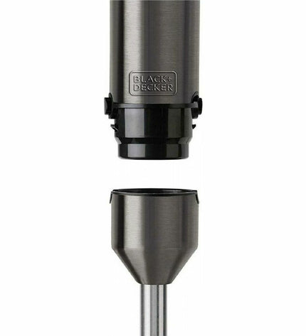Black & Decker BXHB1200E hand blender in black, with blending shaft and control buttons, on a kitchen countertop.