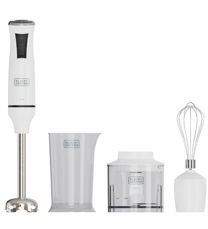 Black & Decker BXHBA750E hand blender in black with stainless steel blending attachment, suitable for kitchen and cooking tasks