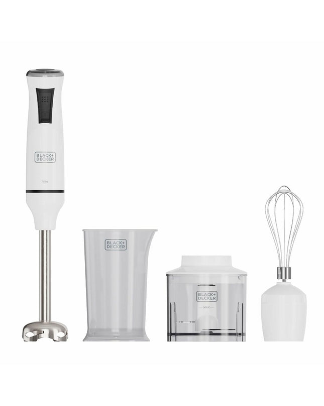 Black & Decker BXHBA750E hand blender in black with stainless steel blending attachment, suitable for kitchen and cooking tasks