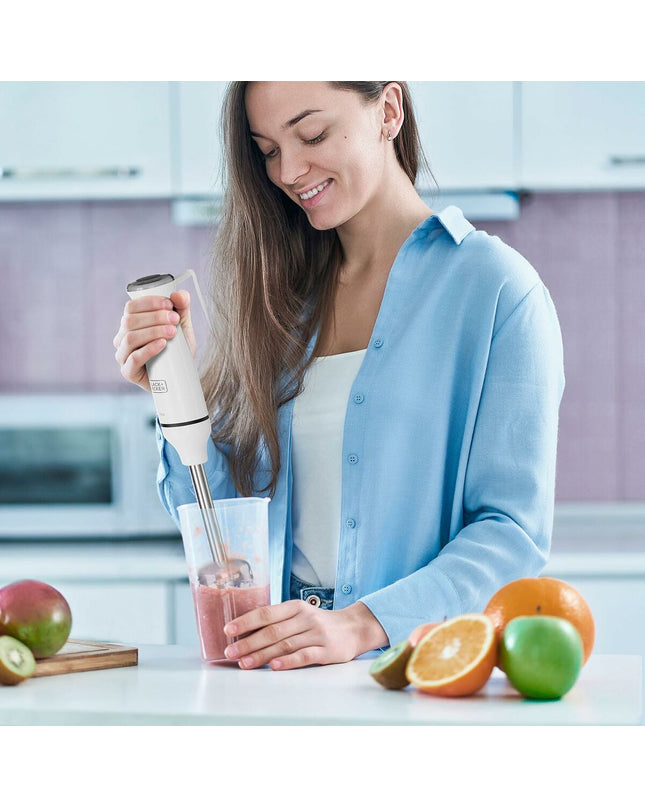 Black & Decker handheld blender in black, with blending shaft and control buttons, suitable for kitchen and cooking use.