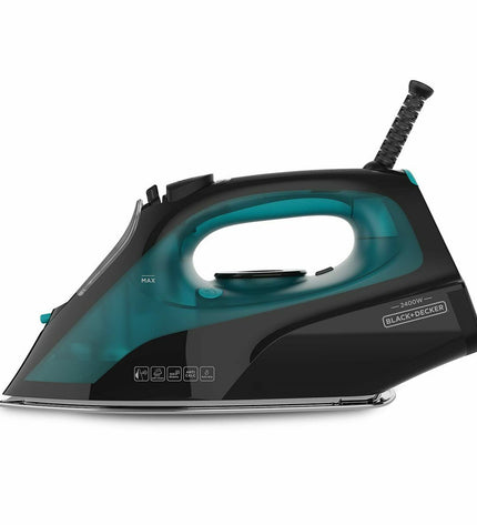 Black & Decker steam iron with black and silver design, featuring a water tank and adjustable steam settings for efficient ironing.