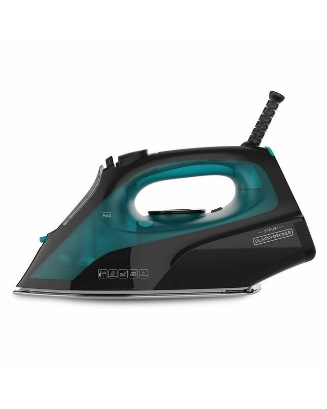 Black & Decker steam iron with black and silver design, featuring a water tank and adjustable steam settings for efficient ironing.