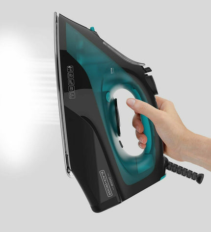 Black & Decker steam iron for home and cooking, featuring a sleek black design and adjustable settings for effective ironing.