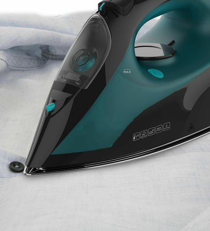 Black & Decker steam iron for household use, featuring a sleek black design and adjustable settings on a clean surface.