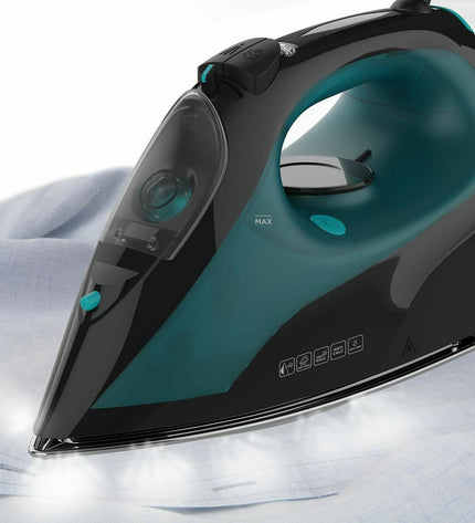 Black & Decker steam iron for home use with a sleek black design, featuring a water tank and adjustable temperature controls.