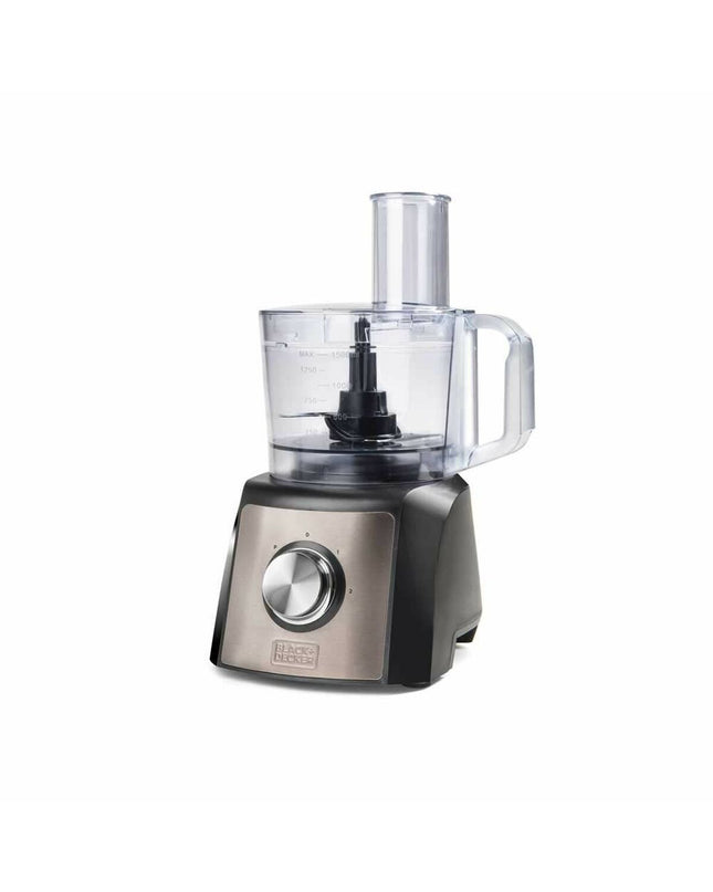 Black & Decker voedselverwerker BXFPA1200E in zwart staal, 1200W, 1.5L, voor huis en koken, refurbished model.