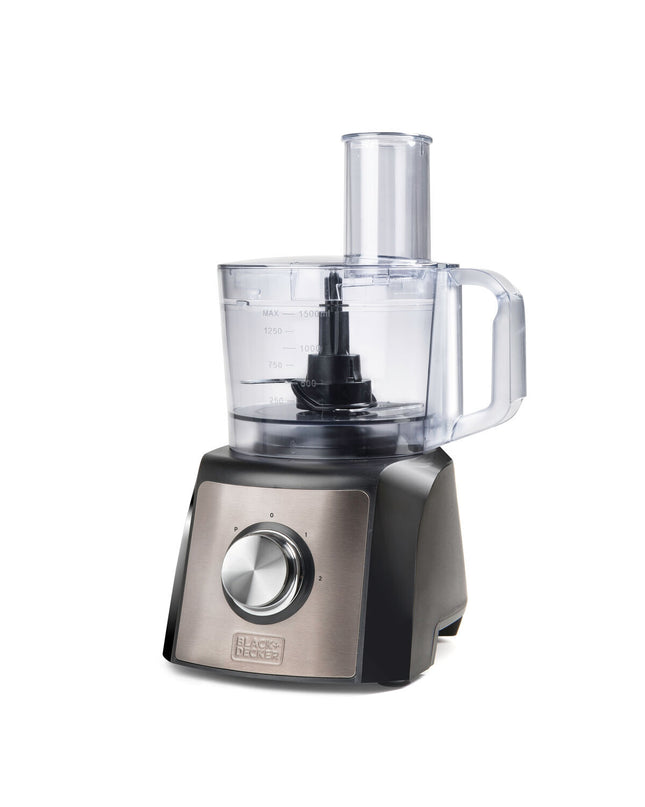 Black & Decker BXFPA1200E 1L food processor in black, 1200W, compact kitchen appliance with a sleek design for food preparation.