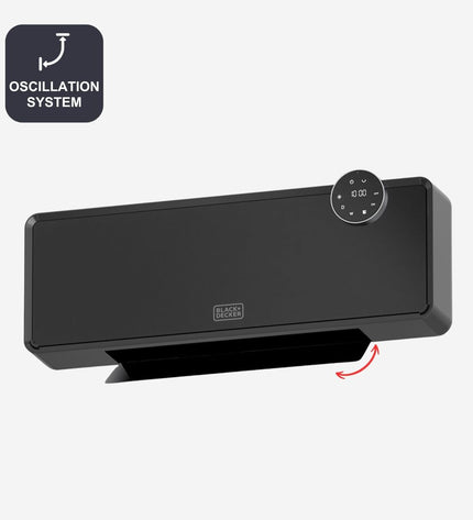 Black & Decker BXWSH2001E black portable heater with 2000W for home heating and cooling, compact design, and digital controls.