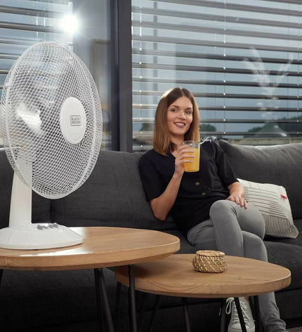 Black & Decker Tafelventilator in black and white, 40W portable air conditioning unit with adjustable fan blades.