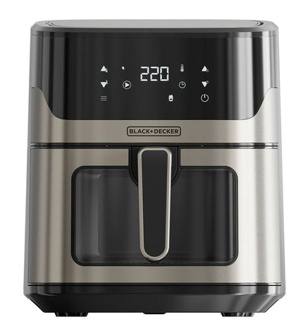 Black & Decker BXAF6500E black air fryer with 1600W power, compact kitchen appliance for healthy frying.