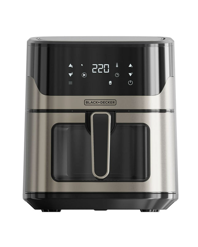 Black & Decker BXAF6500E black air fryer with 1600W power, compact kitchen appliance for healthy frying.