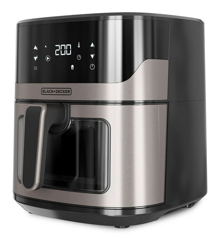 Black & Decker BXAF6500E black air fryer with 1600W power, compact kitchen appliance for healthy frying and cooking.