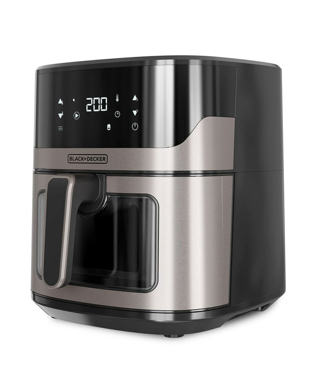 Black & Decker BXAF6500E black air fryer with 1600W power, compact kitchen appliance for healthy frying and cooking.