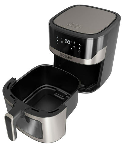 Black & Decker BXAF6500E black air fryer with 1600W power, compact kitchen appliance for healthy frying and cooking.