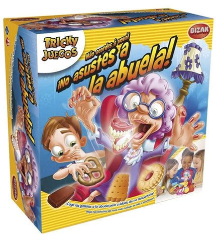 Bizak No Asustes a la Abuela board game box with colorful illustrations and game components on a white background.