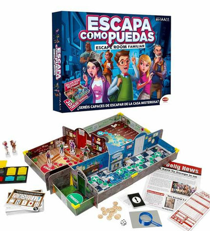 Bizak Escapa como puedas escape room game with colorful game pieces and puzzle elements for family fun and challenging gameplay.