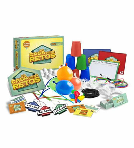 Bizak La Casa De Los Retos educational game, colorful toy with challenge cards and pieces for kids' fun and learning.