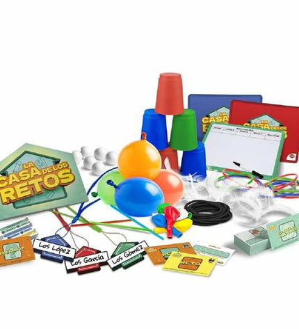 Bizak La Casa De Los Retos educational game with colorful cards and challenge pieces for kids' fun and learning.