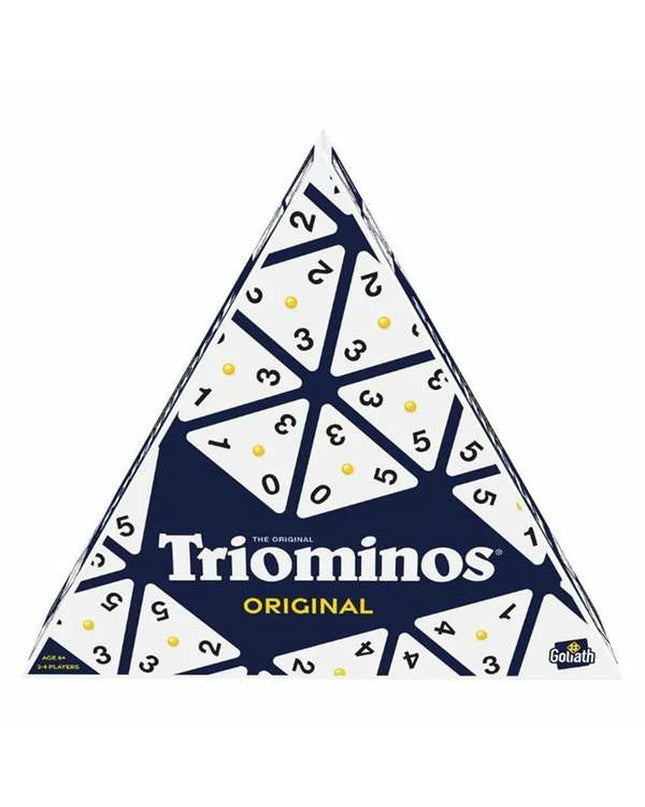 Bizak Triominos board game with triangular tiles, colorful pieces, and game instructions for fun indoor gameplay.