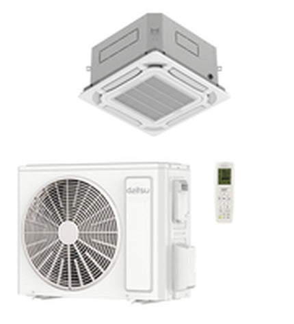 Daitsu portable air conditioner with digital controls, white finish, and vents for cooling and dehumidifying a room.