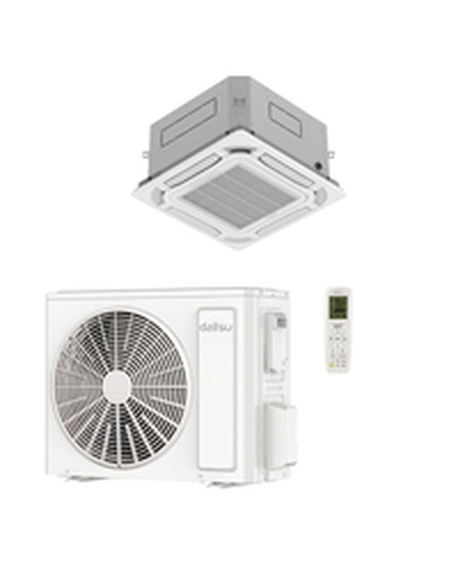 Daitsu portable air conditioner with digital controls, white finish, and vents for cooling and dehumidifying a room.
