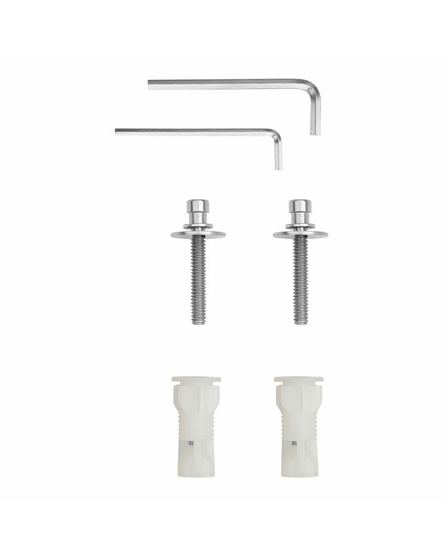 Roca Dama toilet fixing kit in white, bathroom hardware for secure installation, shown with white components and packaging.